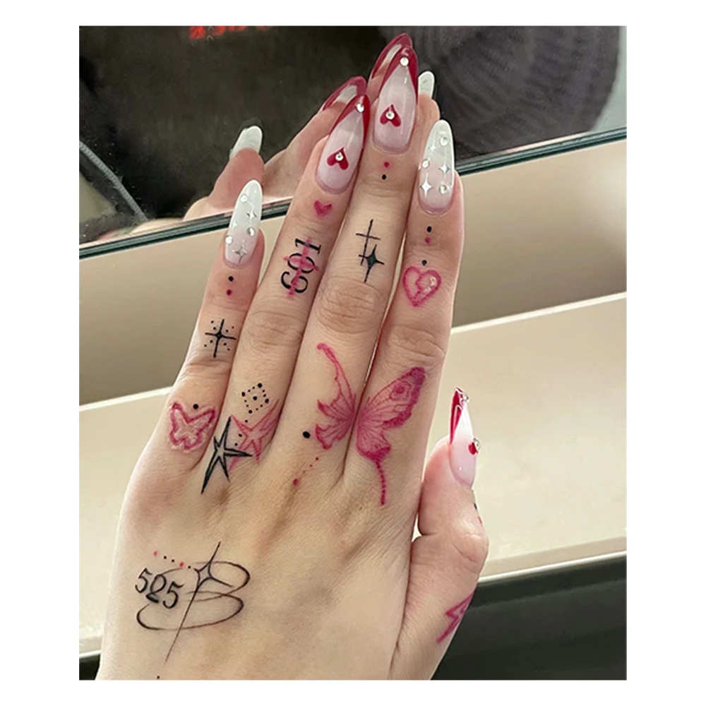 Y2K & 90's Inspired Finger Tattoos - Colorful, Rectangular Design for Girls
