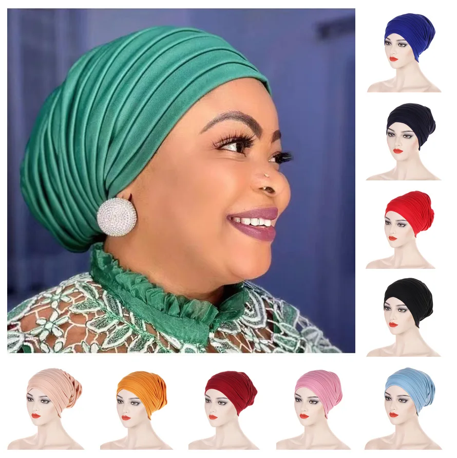 New Candy Color Pleated Turban Cap for Women Ladies Head Wraps Muslim Hijab Bonnets