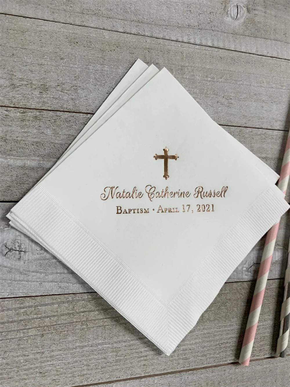 50PCS Personalized Baptism Monogram Cocktail Beverage Napkins Wedding Birthday Baby Communion Christening Religious Luncheon Din