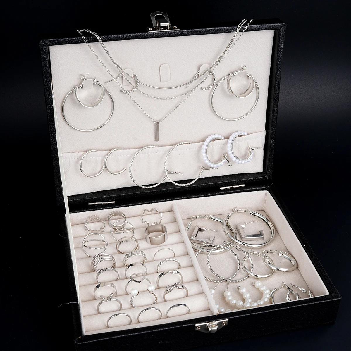 47 Pcs Fashion Hoop Earrings Necklaces Ring Set For Women Silver Color Butterfly Heart Pearl Party Combinations Jewelry Set 2025