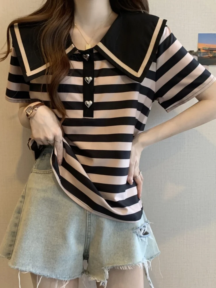 Slimming Short Sleeve Striped T-Shirt Women's Summer New Style plus Size Cover Belly Beautiful Fashionable Small Shirt