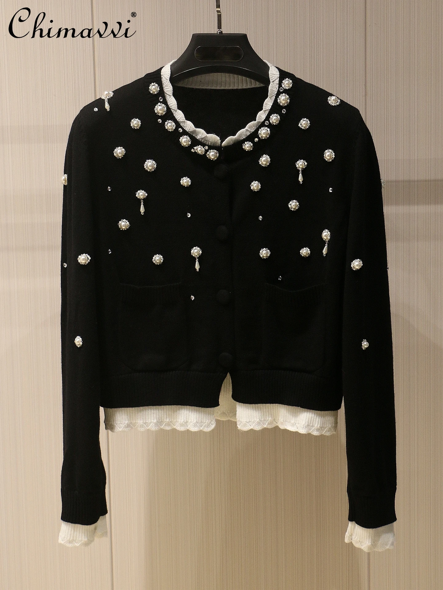 

Heavy Beaded Long Sleeve Black Knitted Cardigan for Women Fashion Slim Fit Elegant Sweater Coat 2025 Autumn and Winter New