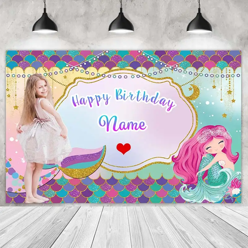 Fondo de fiesta de sirena bajo el mar, fotografía de princesa, pastel de cumpleaños, Color de aplastamiento, Sesión, nombre personalizado, foto