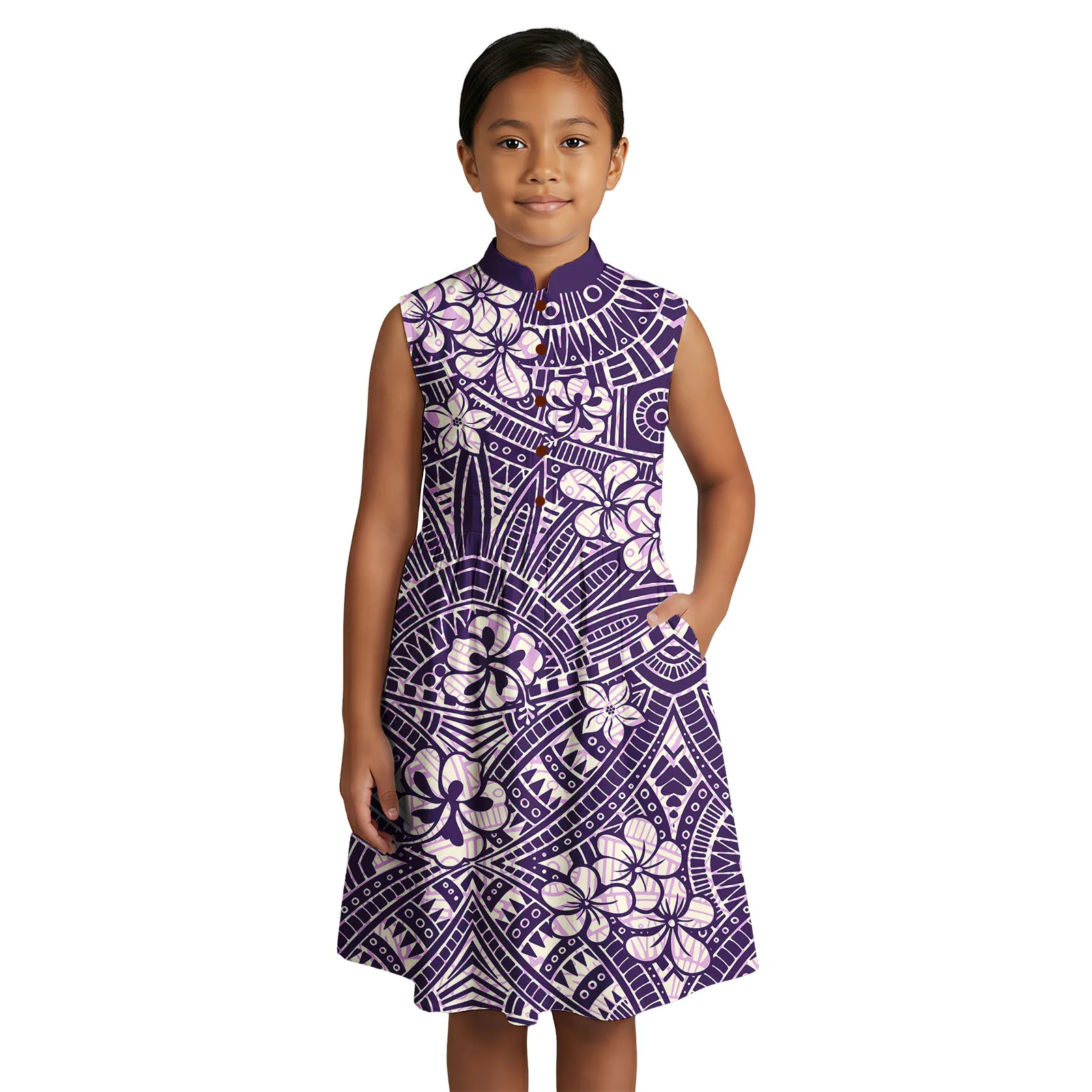 Low Price Clothes Custom Hawaiian Party Holiday Children Dress Samoan Button Beach Wear Polynesian Classic Trendy Girls Dress