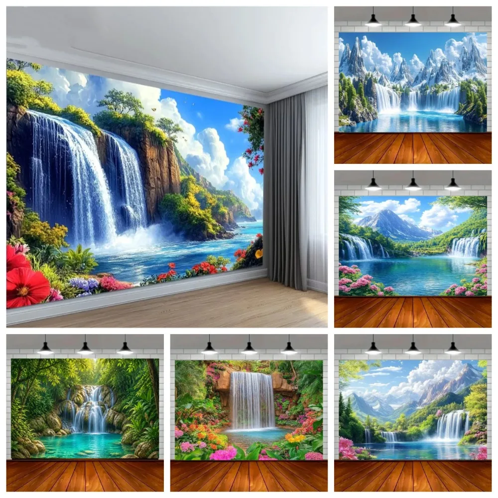 Natural Waterfall River Snow Mountain Rainforest Theme Banner Background, Birthday Party, Home Decoration Photography Background