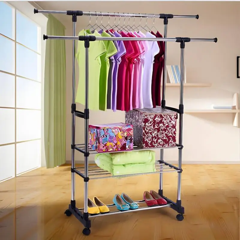 Dual-bar Vertical Horizontal Stretching Stand Clothes Rack With Shoe Shelf Standing Drying Coat Racks Clothes Storage Hangers