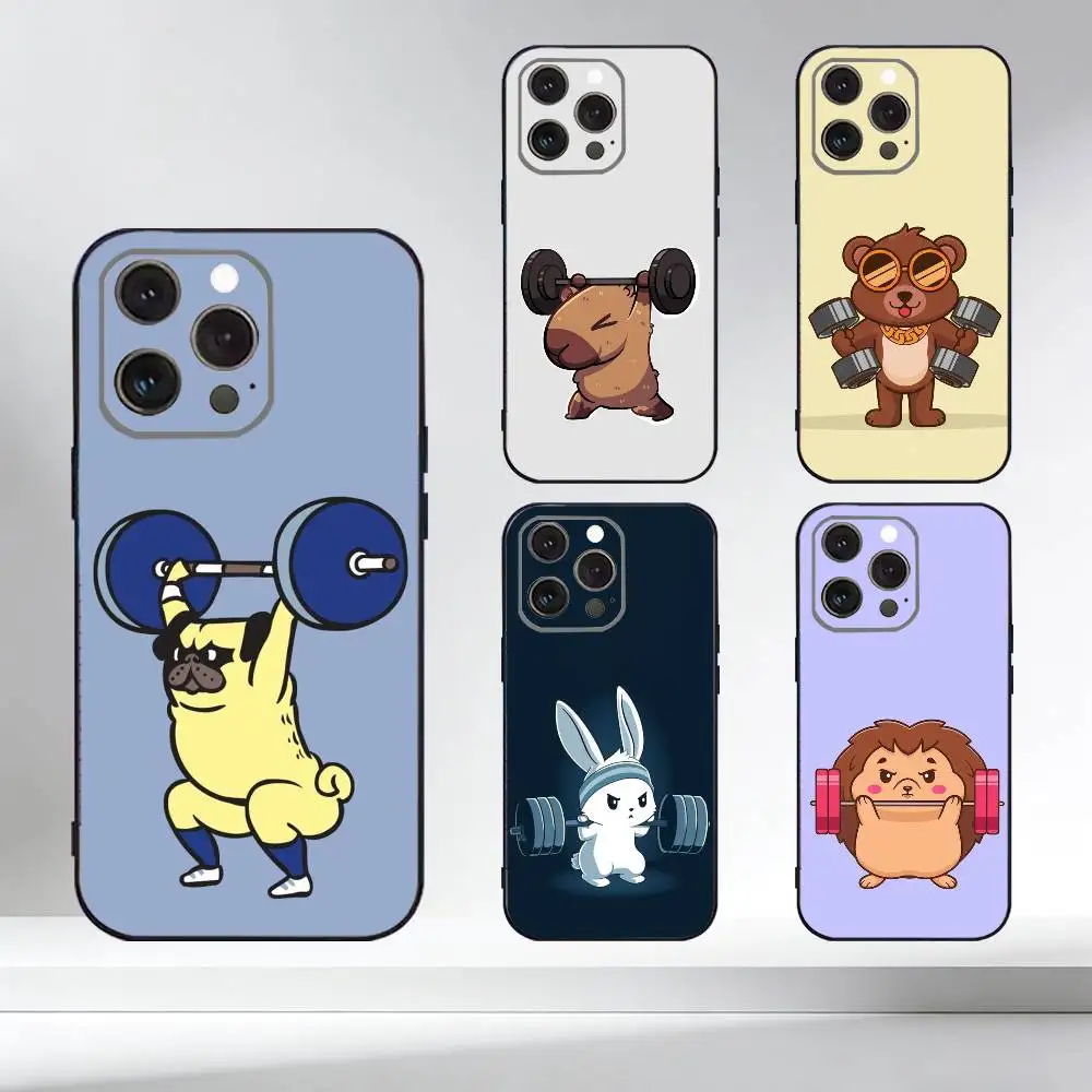

Cute cartoon animal lifting iron Phone Case For iPhone 17,16,15,14,13,12,11 Plus,Pro Max,XS,Soft Silicone Black Cover