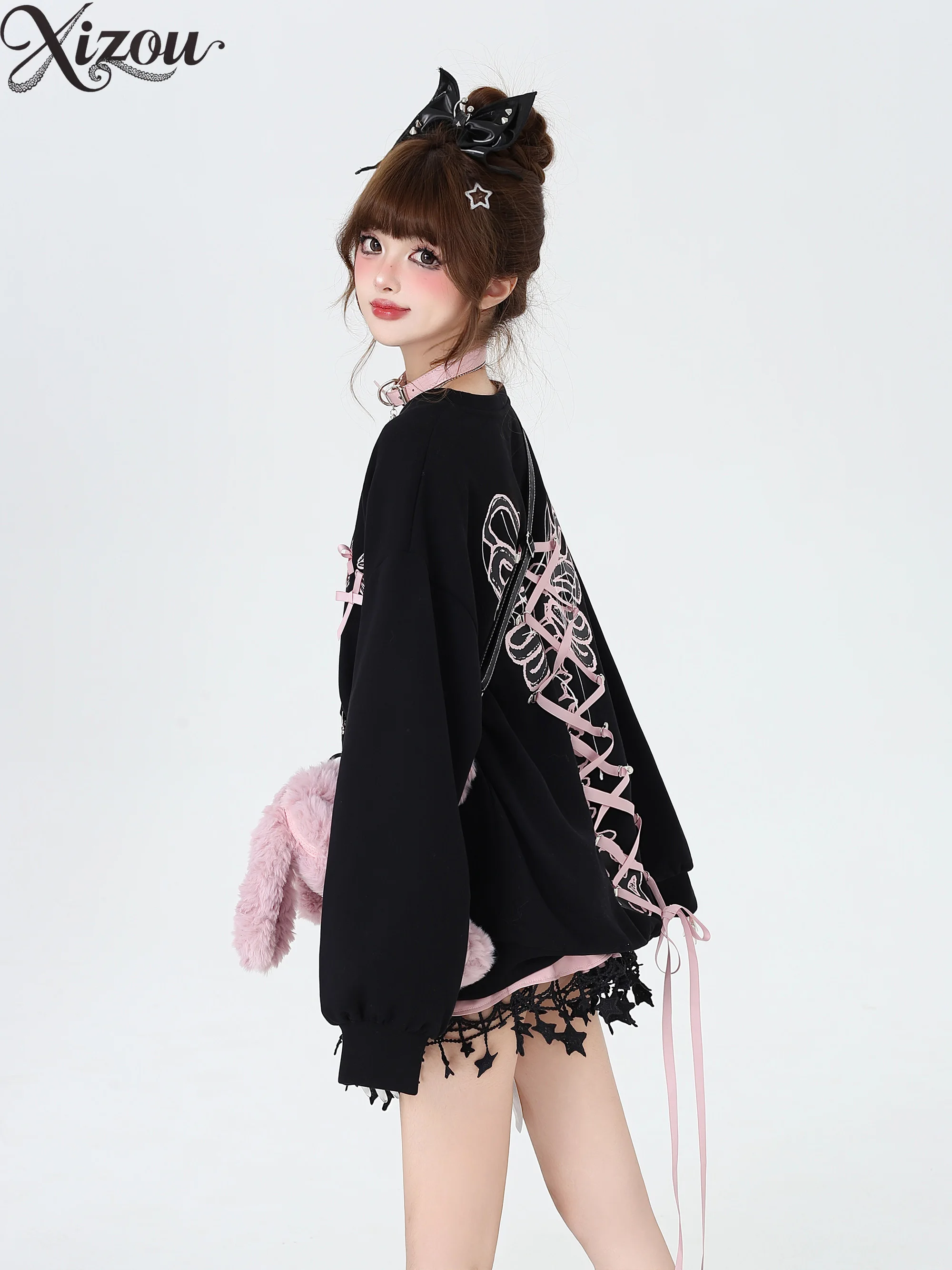 2025 y2k doce legal laço pesado artesanato moletom feminino solto manga longa em torno do pescoço outono primavera casual pulôver topos com capuz