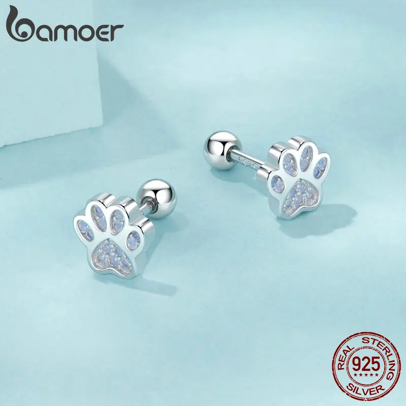 BAMOER 925 Sterling Silver Cute Dog Paw Stud Earrings Opal Footprint Earrings for Women Girls Birthday Gift SCE1750