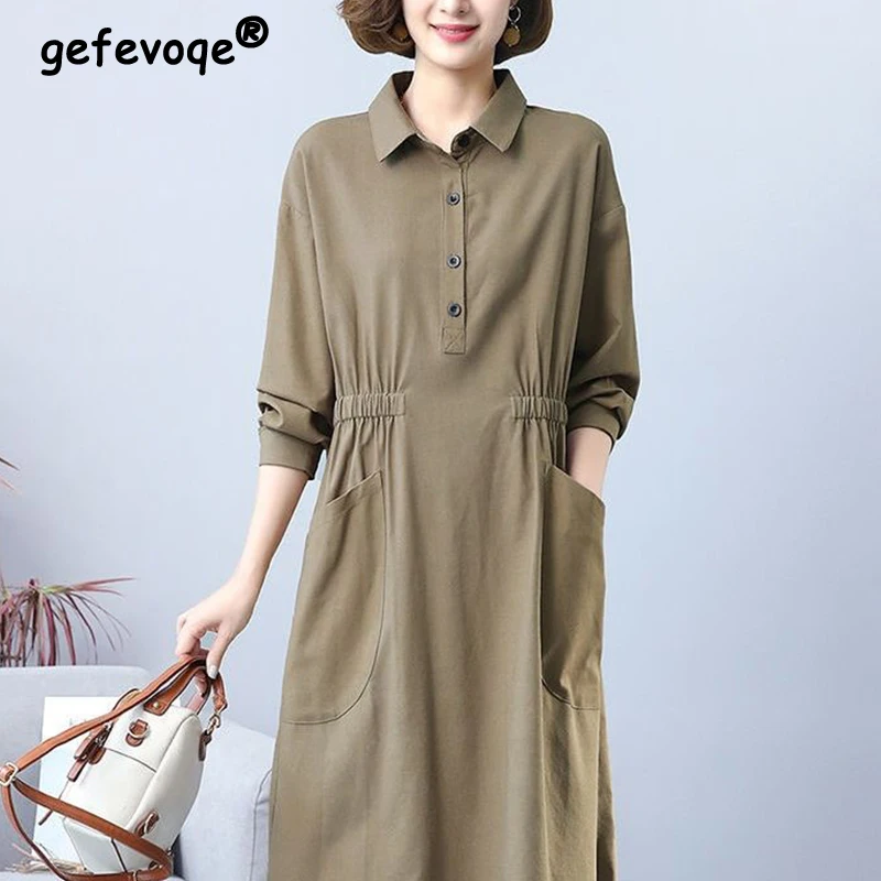 Autumn Winter Ethnic Style Cotton Linen Loose Casual Dress Women Long Sleeve Folds Waist Pocket Robe Femme Vintage Solid Dresses