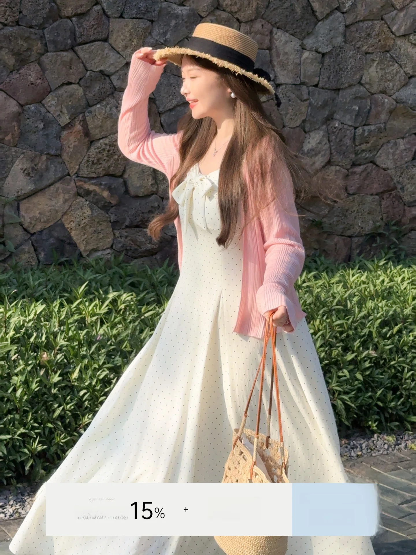 

Summer Dance Polka Dot Bow Tie Dress High Waist Slimming Strap Dress French Style A-Line Cotton Gown for plus Size Women