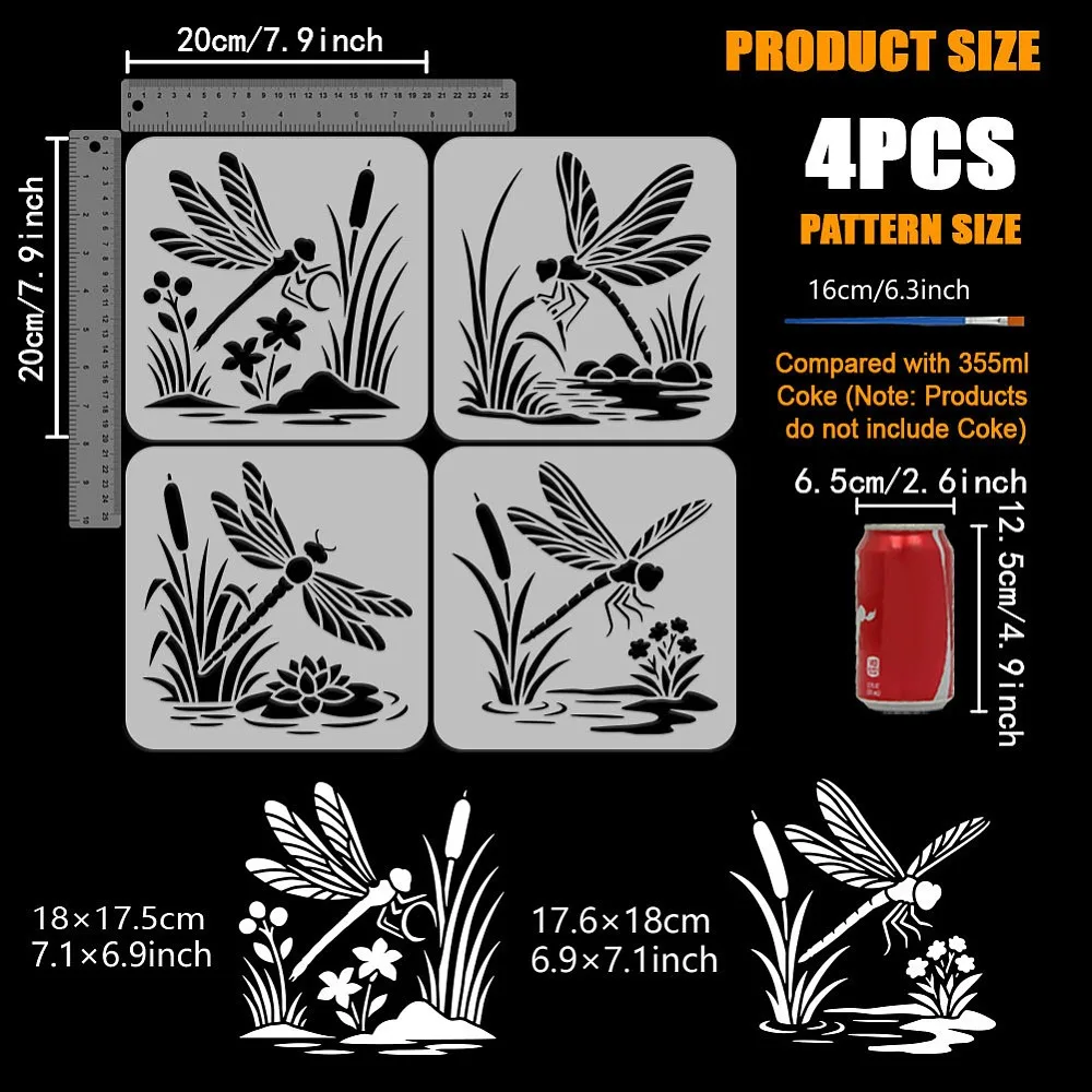 4Pcs Dragonfly Pattern Stencils with a Brush 7.9x7.9Inch Dragonflies and Ponds Painting Stencils PET Summer Dragonfly Stencil