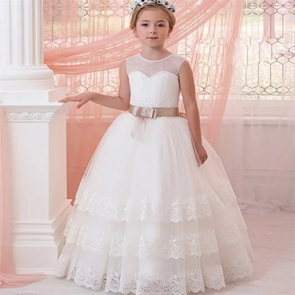 

Elegant Flower Girl Dress for Wedding Lace with Bow Belt Tiered Girls Birthday Gown Christmas Girl Dress Customized