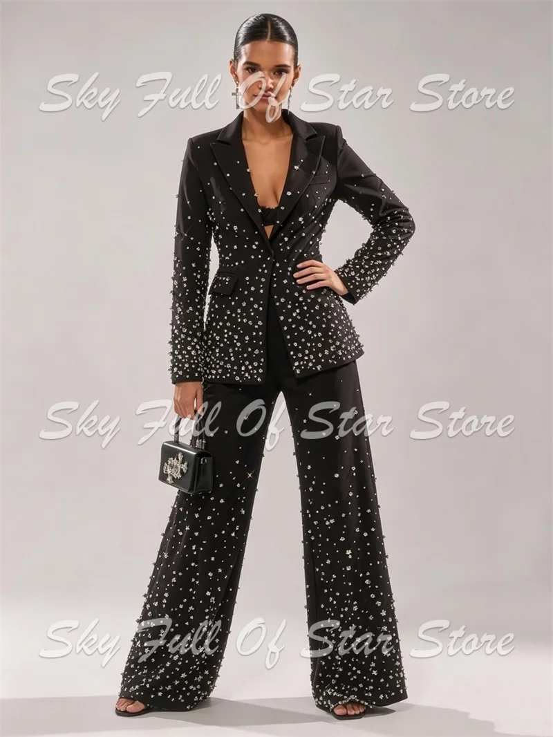 Luxury Ombre Star Crystal Studded Women Suit Set 2 Pcs Slim Blazer Wide Pants Prom Birthday Cocktail Wedding Guest Lady Jacket