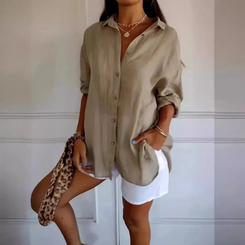 Camisa casual de algodão de linho, top de lapela, gola V, solta, monocromática, escritório, retrô, verão, moda, 2024