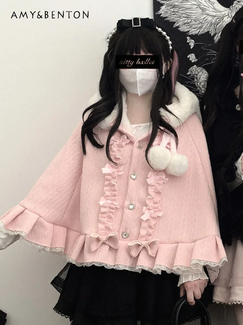 Japanese Mines Sweet Girl Plush Hooded Knitted Cape Cardigan Autumn Winter Cute Love Single-breasted Lace Ruffle Cloak Cardigans