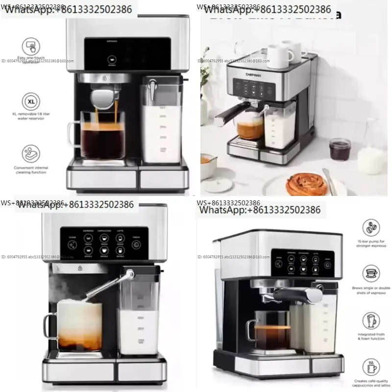 Espresso, cappuccino, and latte coffee machines with milk cream, stainless steel coffee machine