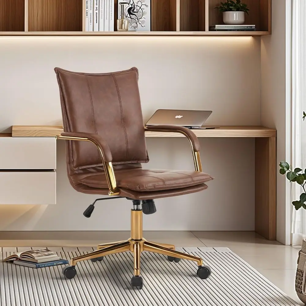 

Ergonomic Brown Leather Office Desk Chair with Upholstered Seat, Executive Swivel Chair with Adjustable Arms and Gold Base