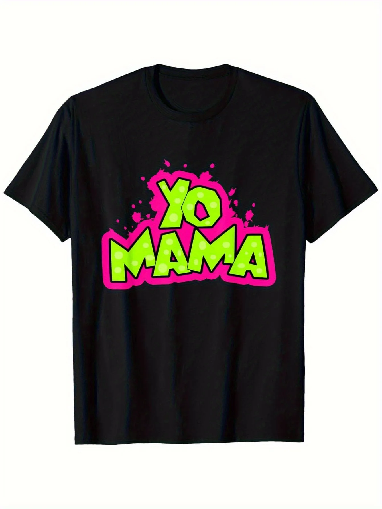 

Yo Mama 90 Hip Hop Graphic T Shirt Retro Neon Graffiti Print Black with Green Pink Design Regular Fit Short Sleeve Tee