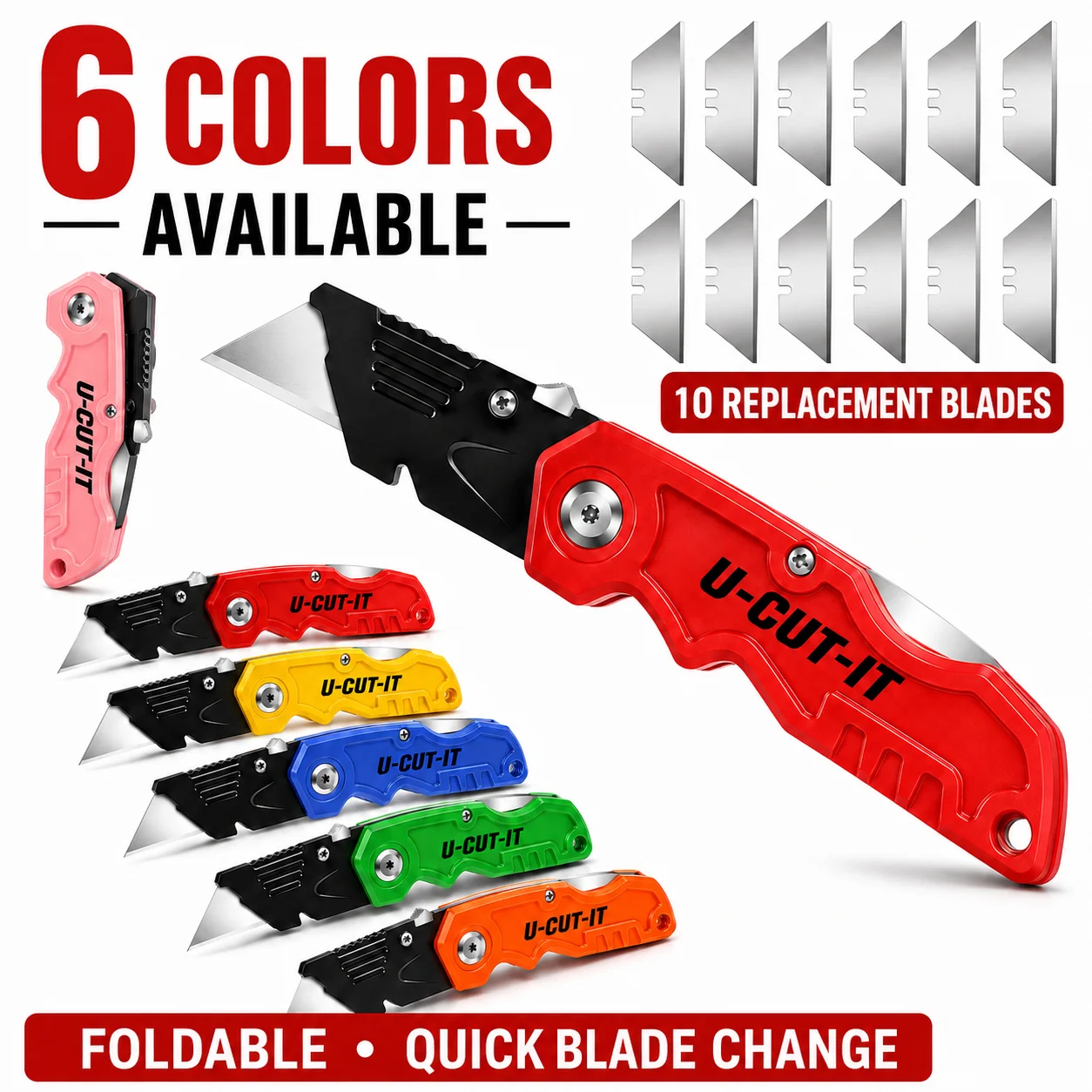 1PC Foldable Utility Knife with 10 Replacement Blades, Quick Change Box Cutter for DIY Crafts, Warehouse & Home Use