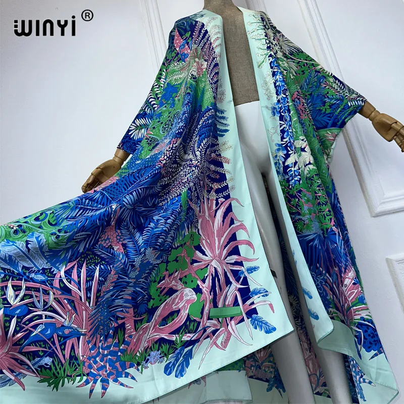 WINYI Summer fashion Beach cover up Boho flower print Cover Up Cardigan elegant Holiday Kimono beach outfits women kaftan dress