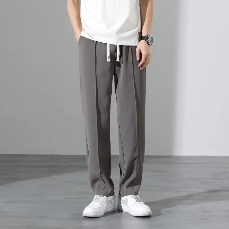 Men's Spring Autumn Drawstring Solid Elastic High Waist Pockets Casual Loose Suit Pants Small Feet Fashion Trousers Pants