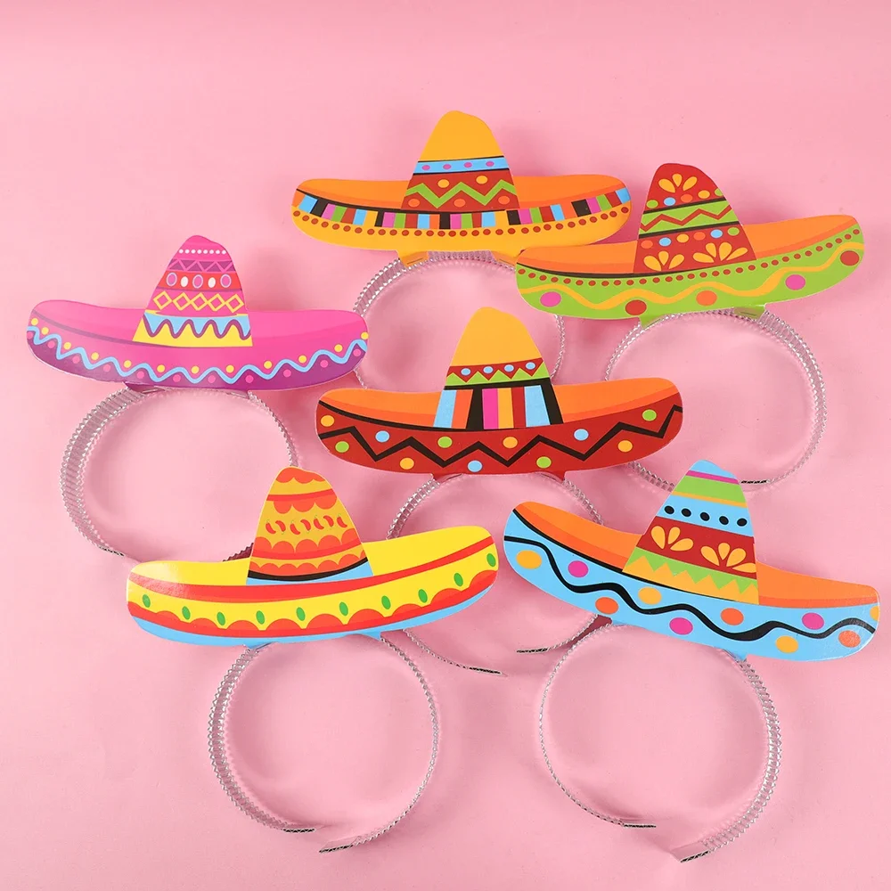 6pcs Mexican Theme Party Decorations Cinco De Mayo Party Paper Hat Headbands Fiesta Photo Booth Props Sombrero Hairband Gift