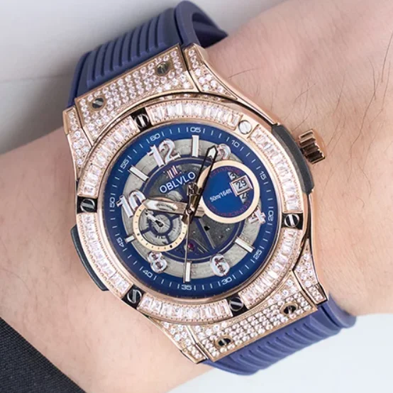 OBLVLO Men Automatic Watch 44mm Mechanical Wristwatch 5ATM Waterproof Sapphire Mirror Luminous Skeleton Dial Miyota 8217