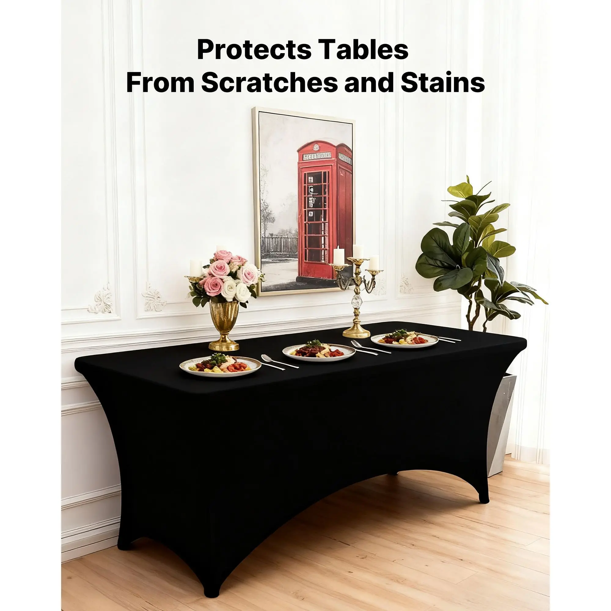 6 Pack Table Cloth for 8FT Rectangular Fitted Events, Wrinkle-Resistant Stretch Black Table Covers, Washable Spandex Tablecloth Protector, for Party, Wedding, Cocktail, Banquet, Festival