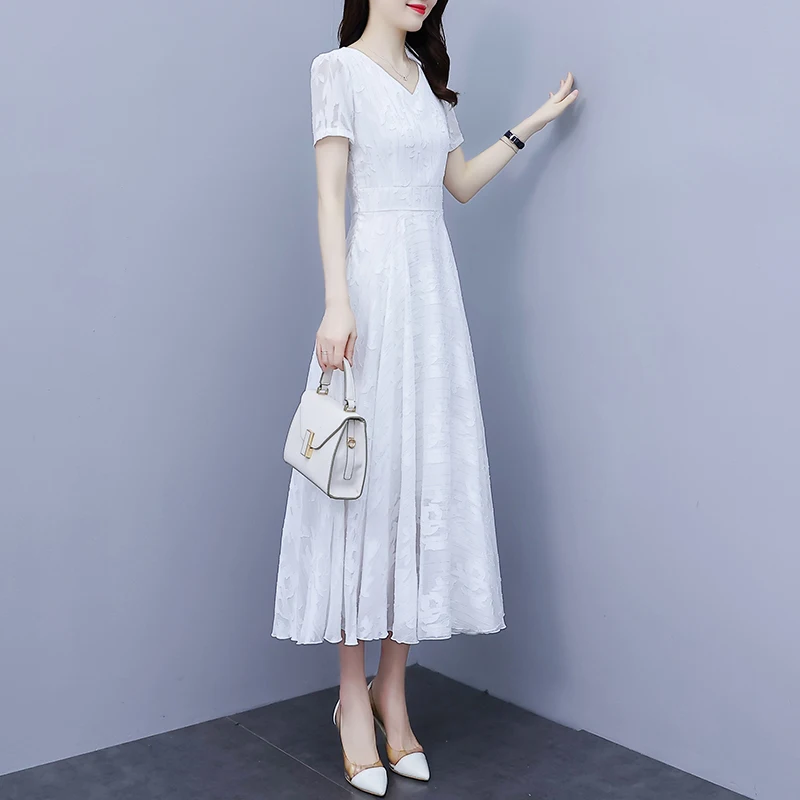 Women White Chiffon Long Dresses Summer Female V Neck Short Sleeve Large Size 5XL Elegant A Line Jacquard Pleated Loose Vestidos