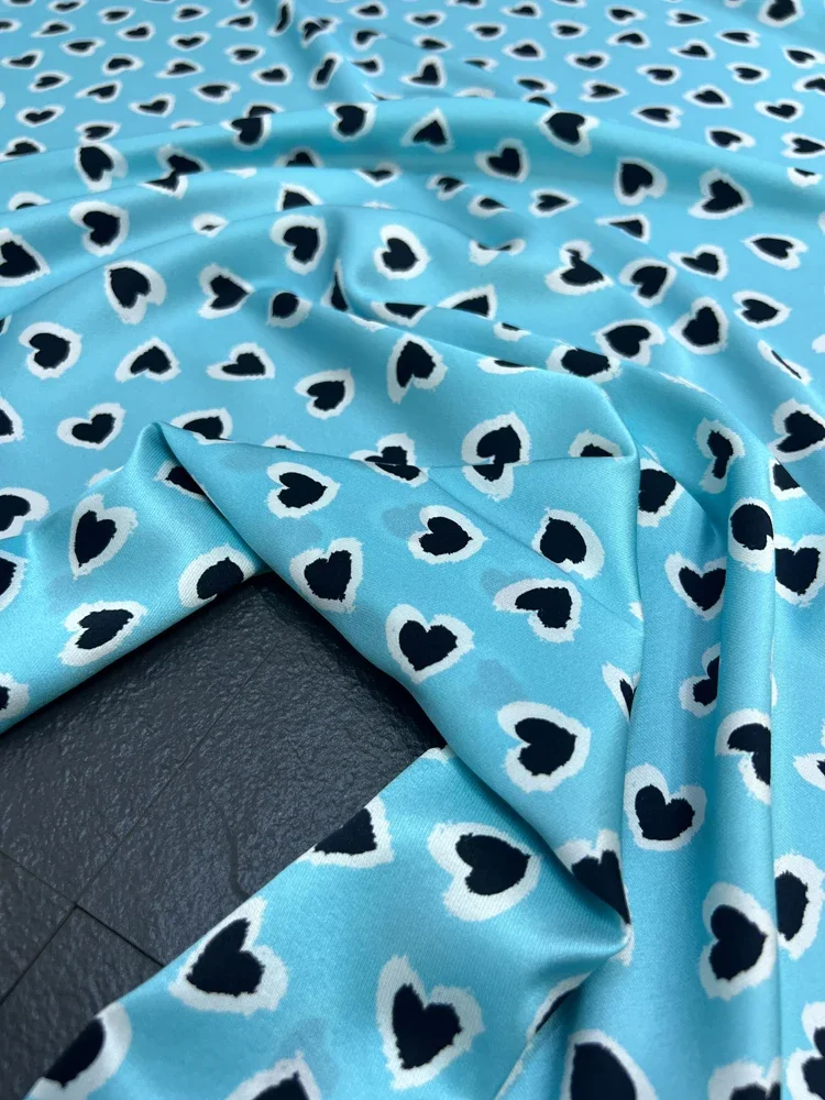 Black Hearts Printed Blue Stretch Silk Twill Fabric for Dresses and Shirts Heart of The Ocean