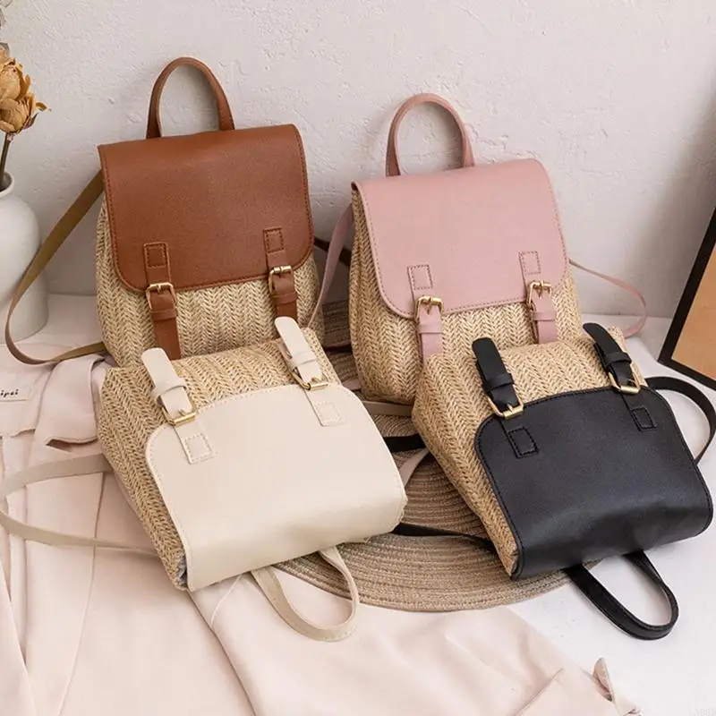 X90d Frauenstroh gewebter PU Leder -Rucksack Bobo Beach Rucksack Small Rucksack