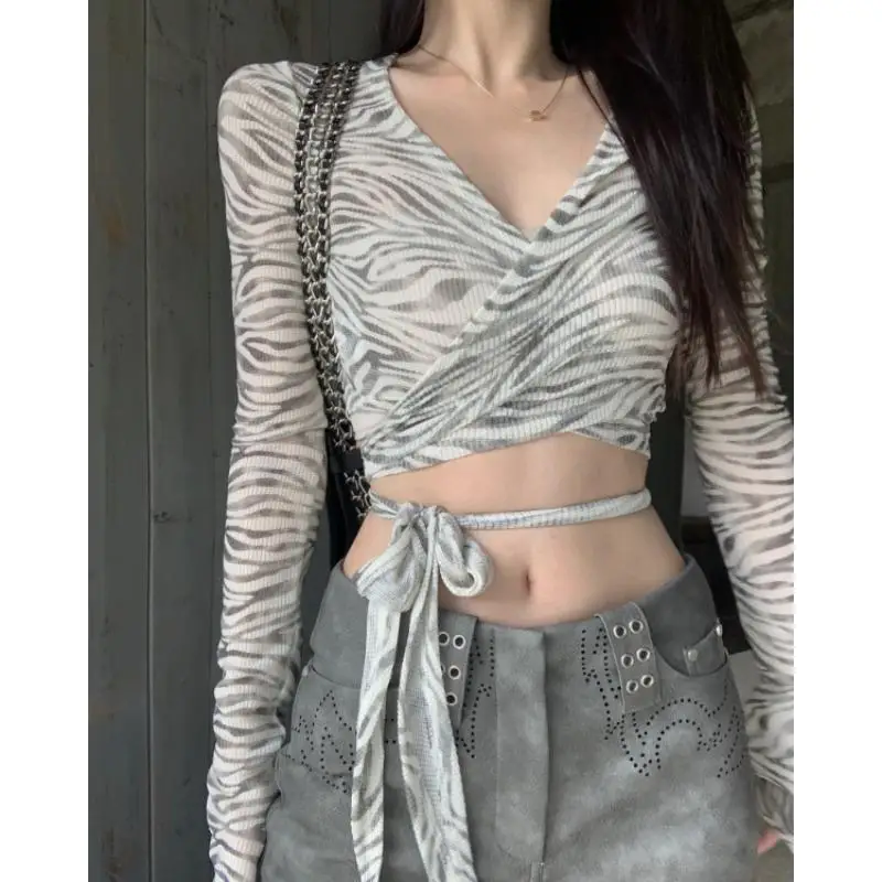 

Summer New V-neck Slim Tie Dye Women's Shirt Top Vintage Irregular Breathable Long Sleeved Tees Fashion Korean Women Clothing