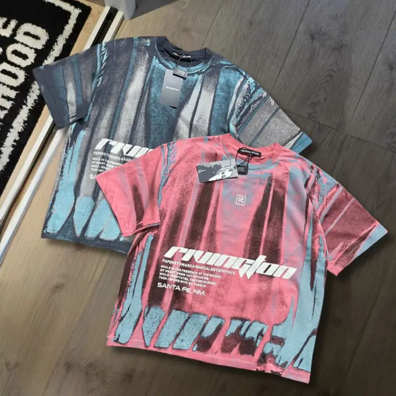 Real Photo Unisex Streetwear RRR123 Tshirts Tie Dye Striped Graffiti Letter Print Round Neck Short Sleeve Summer Men Women Tops