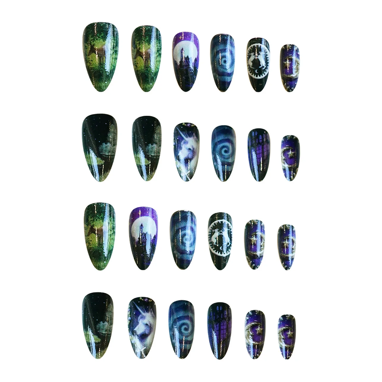 24 قطعة الخيال السماوية الحصان الأظافر وهمية لطيف الكرتون الساحرة اللوز الأظافر كاذبة مع معدن القمر الخرز ديكور اضغط على الأظافر