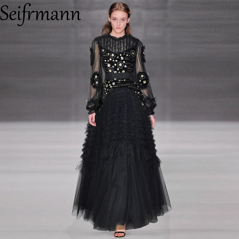 Seifrmann 2026 Spring Women's New Fashionable Round Neck Long Sleeve Sparkling Velvet Splicing Mesh Waist Cinching Dress