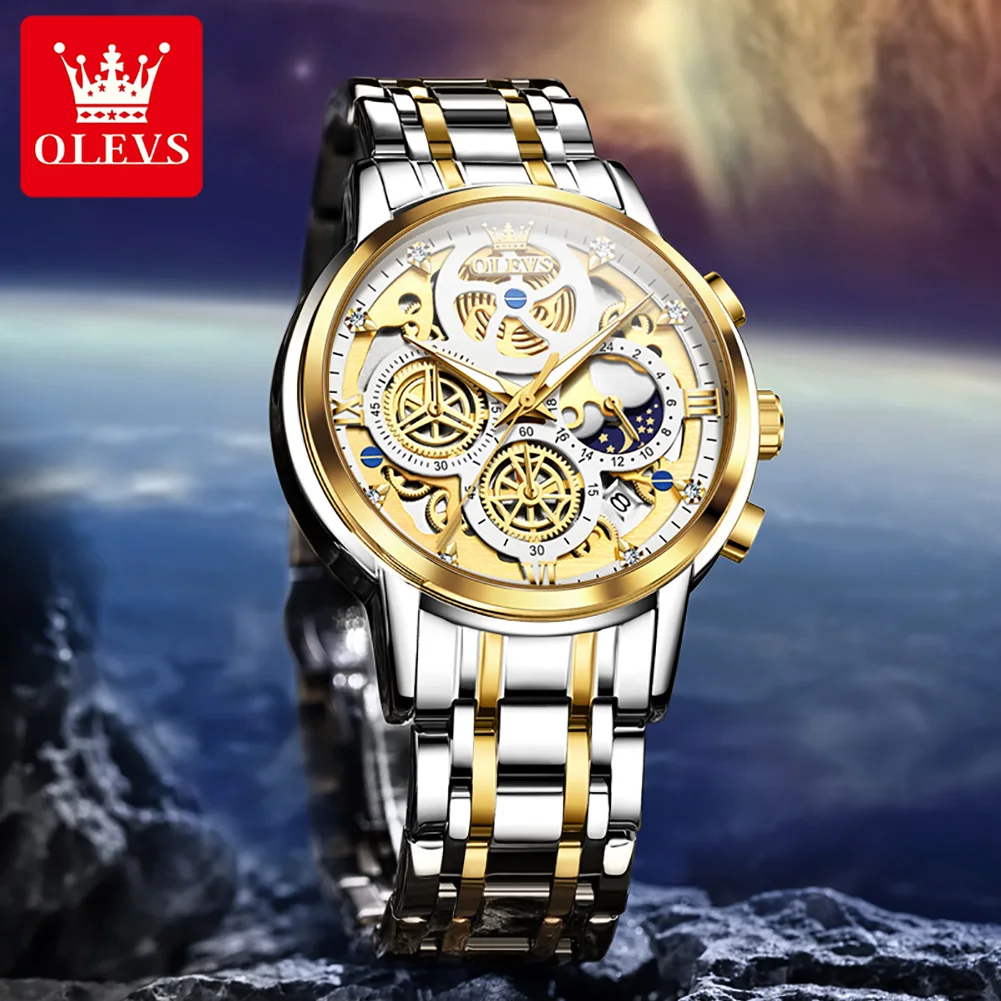 OLEVS Men\'s Watches Top Brand Luxury Original Waterproof Quartz Watch for Man Gold Skeleton Style 24 Hour Day Night Wrist watch