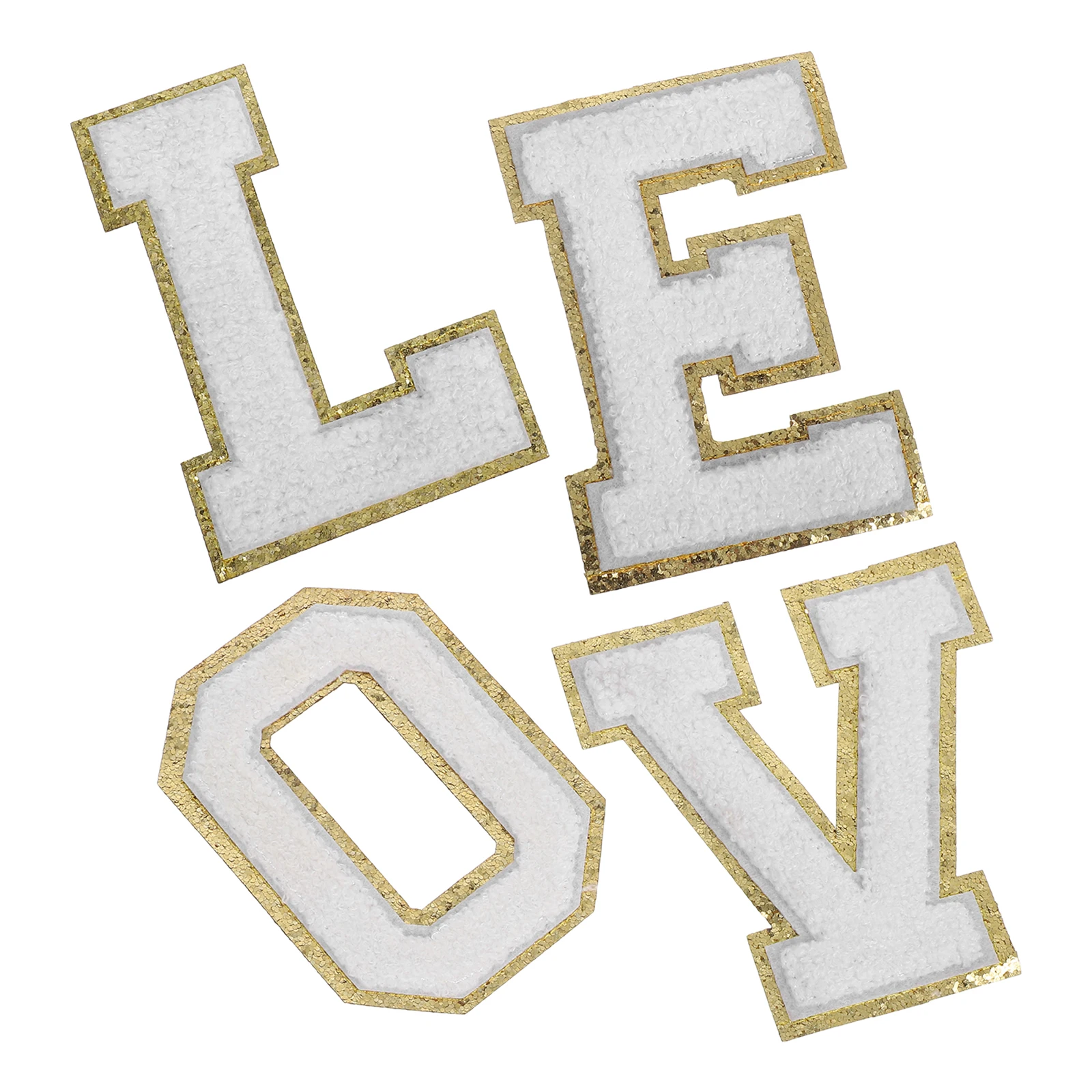 

1 set Chenille Love Letter Patches Gold Edge Iron On Alphabet Appliques For Hats Jackets Clothes Decoration Sew On Glitter