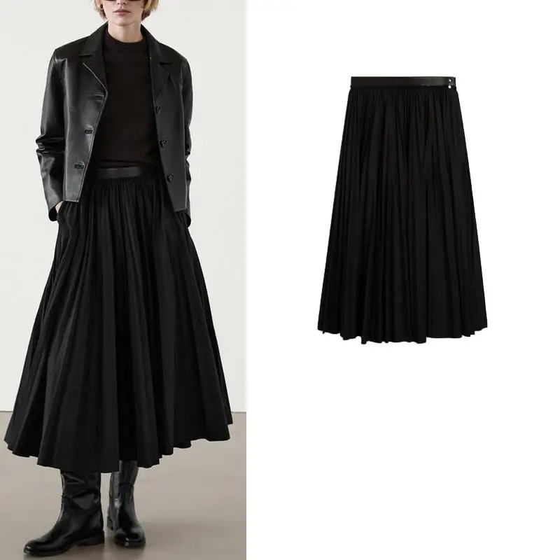 

Новая весенняя женская длинная кожаная юбка-плиссе с декоративными вставками на талии, юбка-солнце для офиса, 100% полиэстер