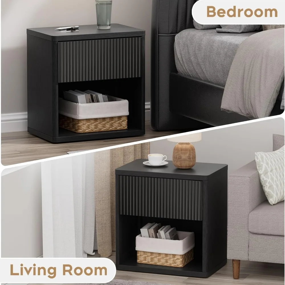 مجموعة من طاولات ليلية حديثة لمنتصف القرن مكونة من قطعتين، طاولات ليلية كبيرة سوداء مع أدراج مخفية وأرفف مفتوحة، تصميم منحني