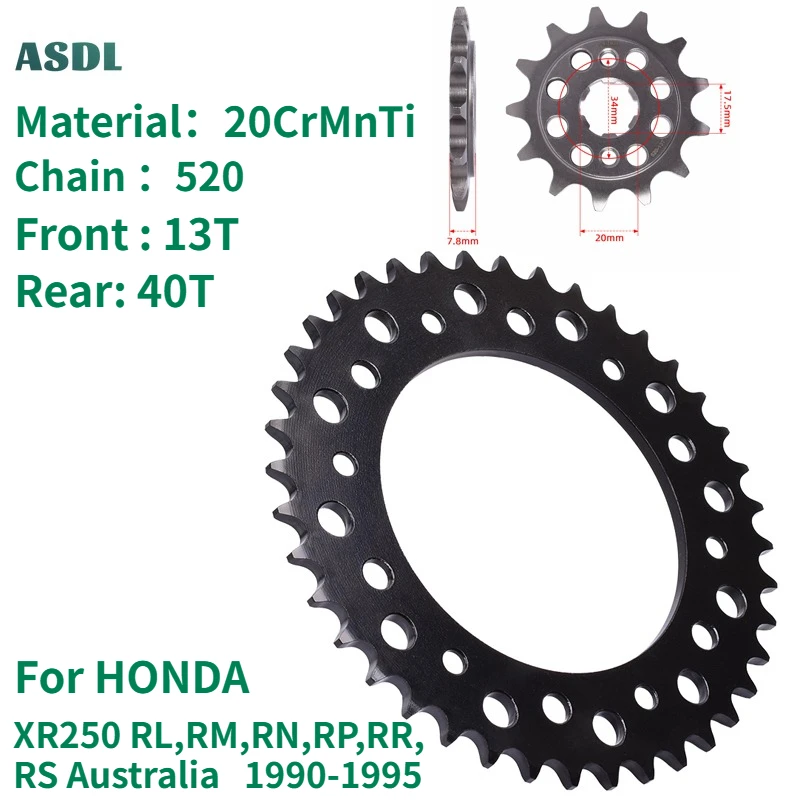 

520 13T 40T Motorcycle Front Rear Sprockets Gear Wheel Carburized Steel for HONDA XR250 RL RM RN RP RR RS Australia 1990-1995