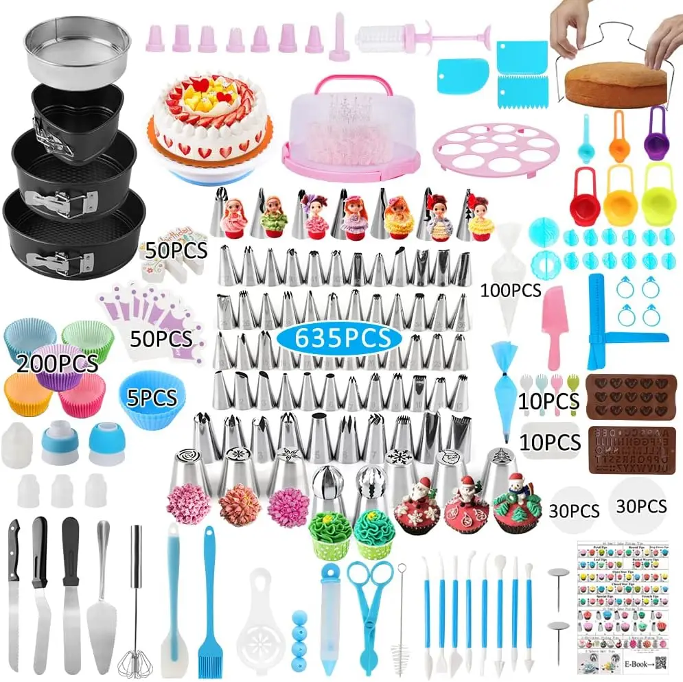 

635 Pcs Cake Decorating Kit with 3 Springform Pans, Turntable, Piping Bags & Tips