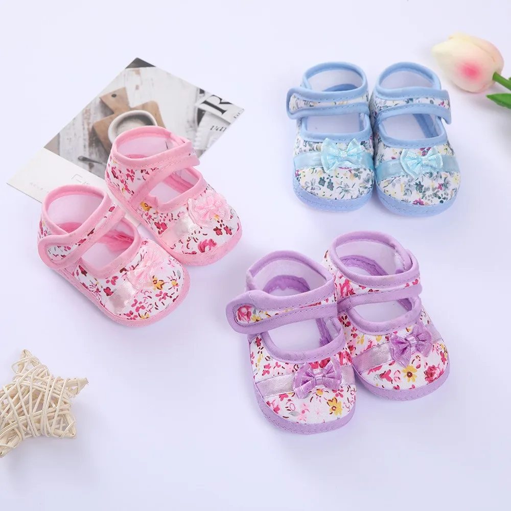 

Floral Print Newborn Baby Shoes Bowknot Infant Princess Dress Footwear Cotton Toddler First Walker Crib Shoes for Girls 0-18M