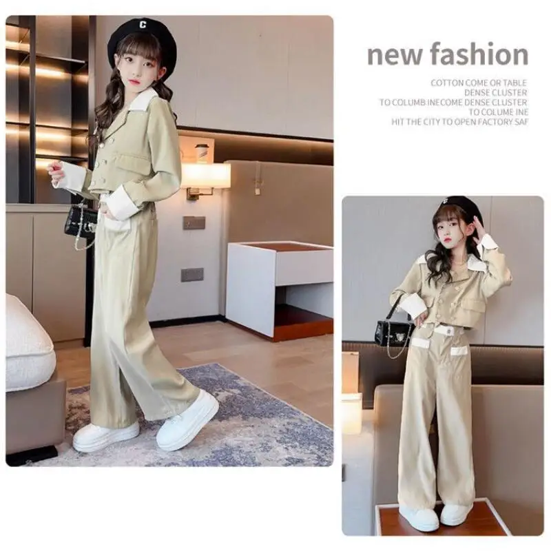 

Kawaii модный костюм для девочек, комплект со штанами, студенческий весенне-осенний повседневный топ с героями мультфильмов, пальто, длинные брюки, комплект из 2 предметов, детская одежда