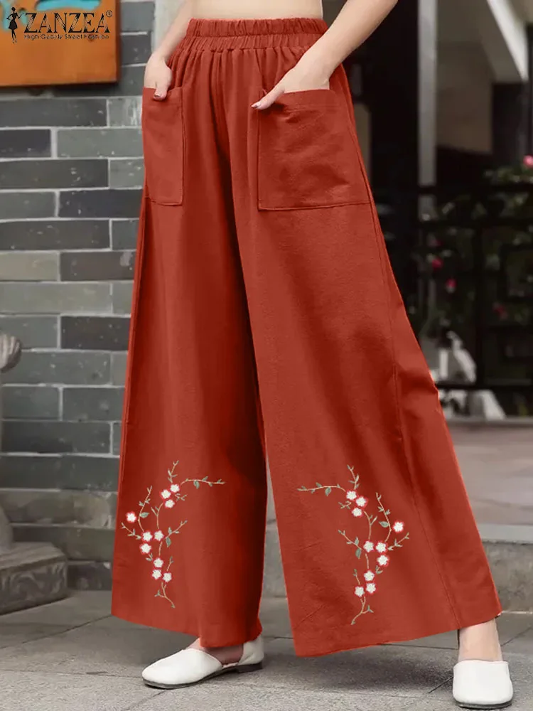 ZANZEA-pantalones de pierna ancha con cintura elástica para mujer, calzas largas holgadas e informales con bordado de flores, Estilo Vintage, para