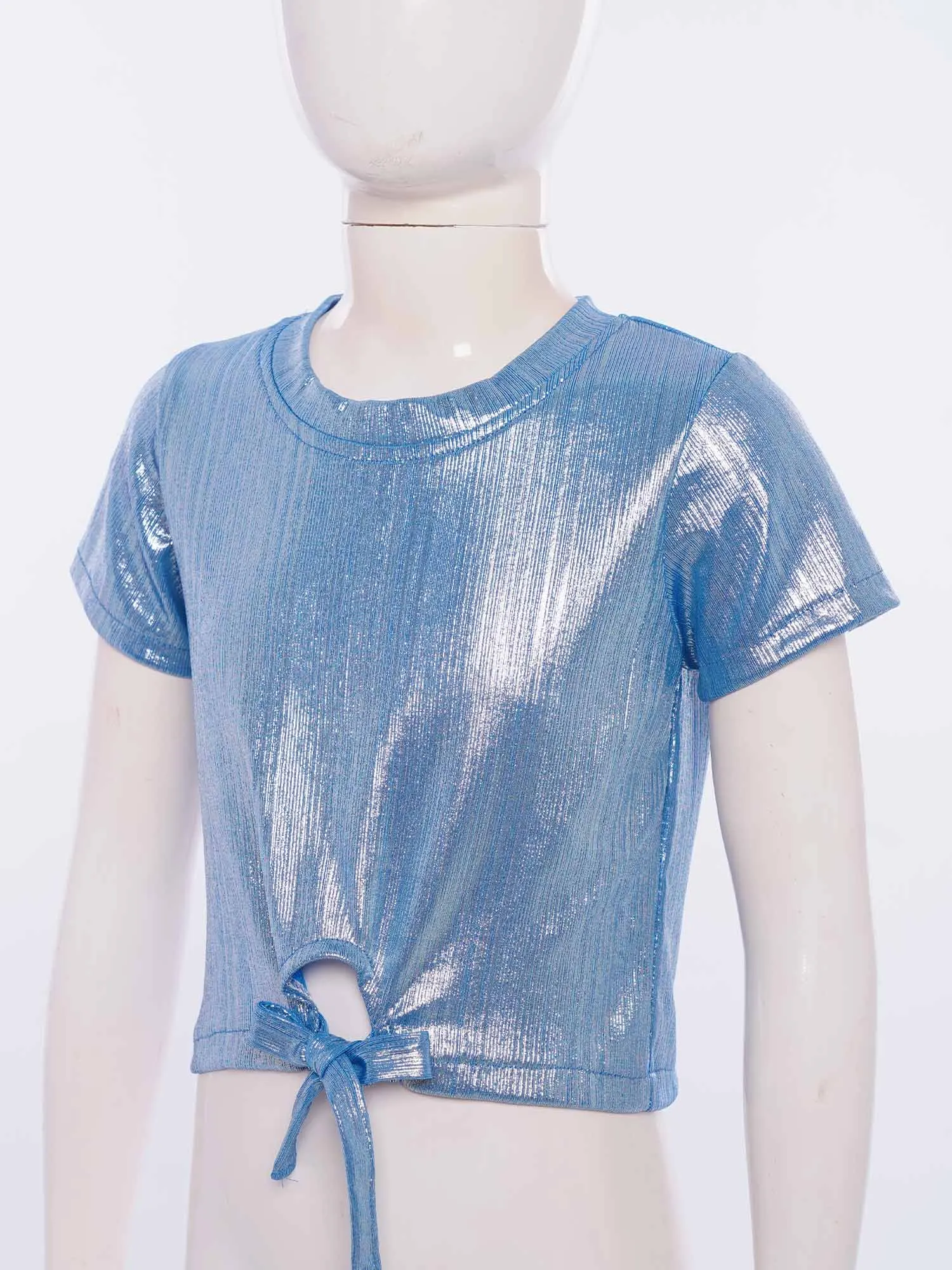 Zomer Kids Disco Party Hiphop Tops Korte Mouw T-shirts Meisjes Metallic Geribbelde Kleding Lace-up T-shirt Jazzdanskostuum