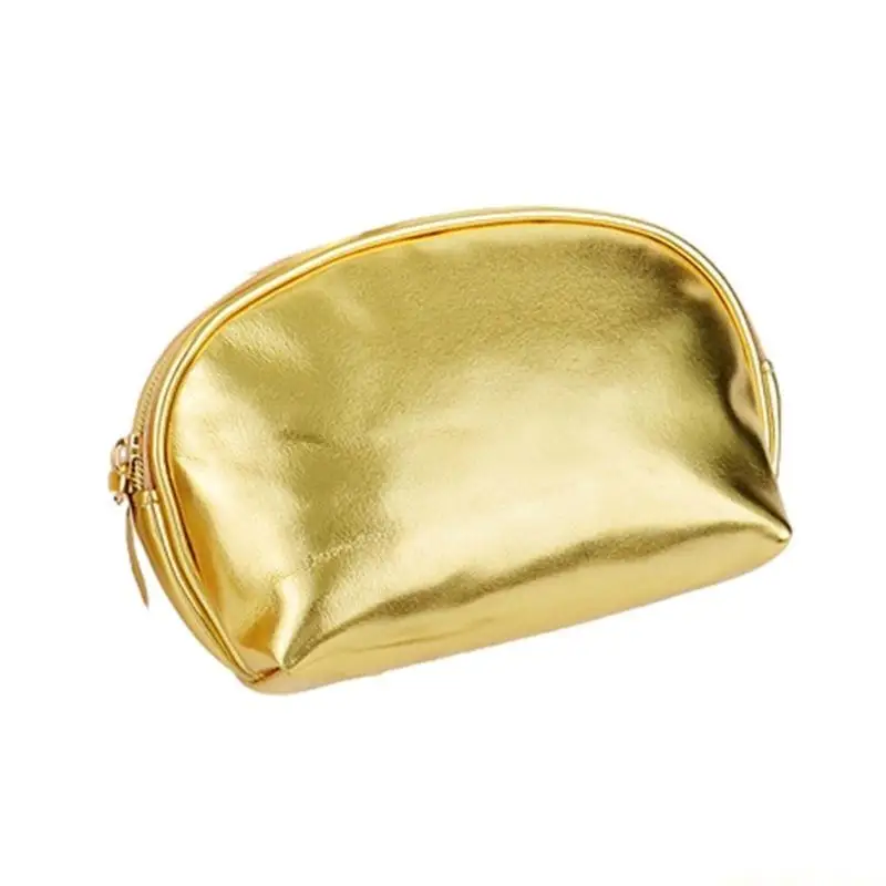 QX2E Handheld Makeup Bag with Large Capacity Gold PU Leather Zipper Bags Versatile Make Up Cosmetic Travel