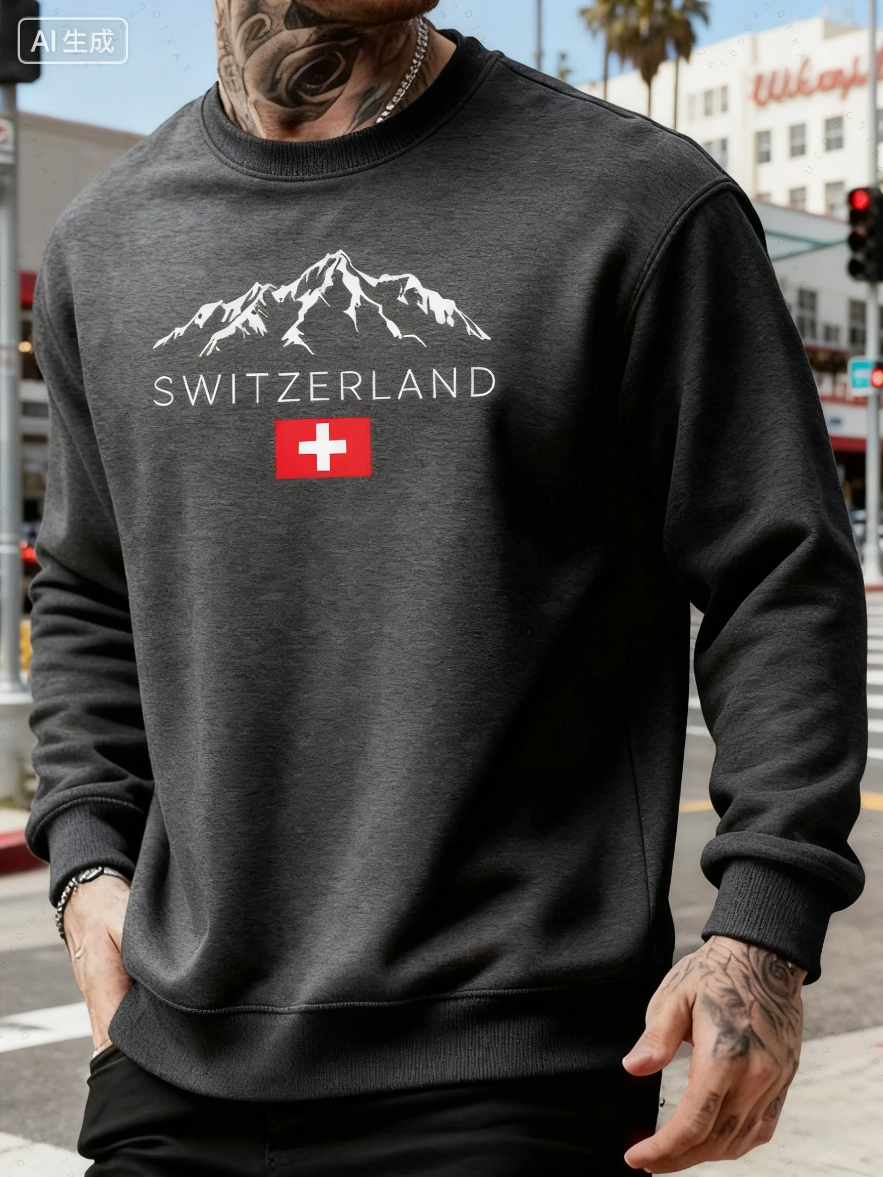 Sudadera holgada y cómoda informal con estampado de montaña nevada suiza para hombre, sudadera de manga larga con cuello redondo, Top con capucha para Otoño e Invierno