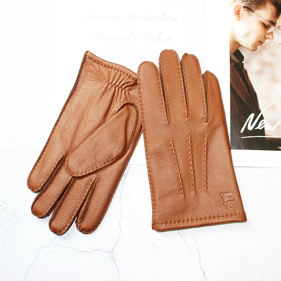 Leather Deerskin Gloves Men\'s Wool Lining Hand Sewn Fashion Stripe Style Warm Autumn and Winter Brown Touch Screen Split Fingers