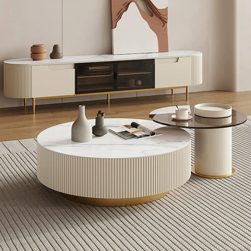 

Modern Stone Slab Coffee Table Set with Metal Frame Foldable & Adjustable Height for Compact Living Rooms